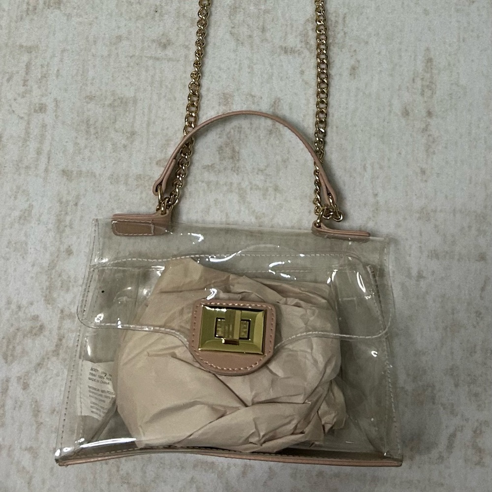 Steve Madden Clear Crossbody with Blush Trim and Gold Chain